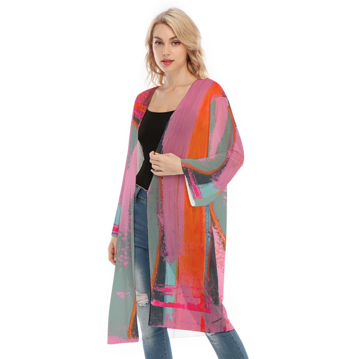 Long Sleeve Mesh Cardigan, Techno Pink