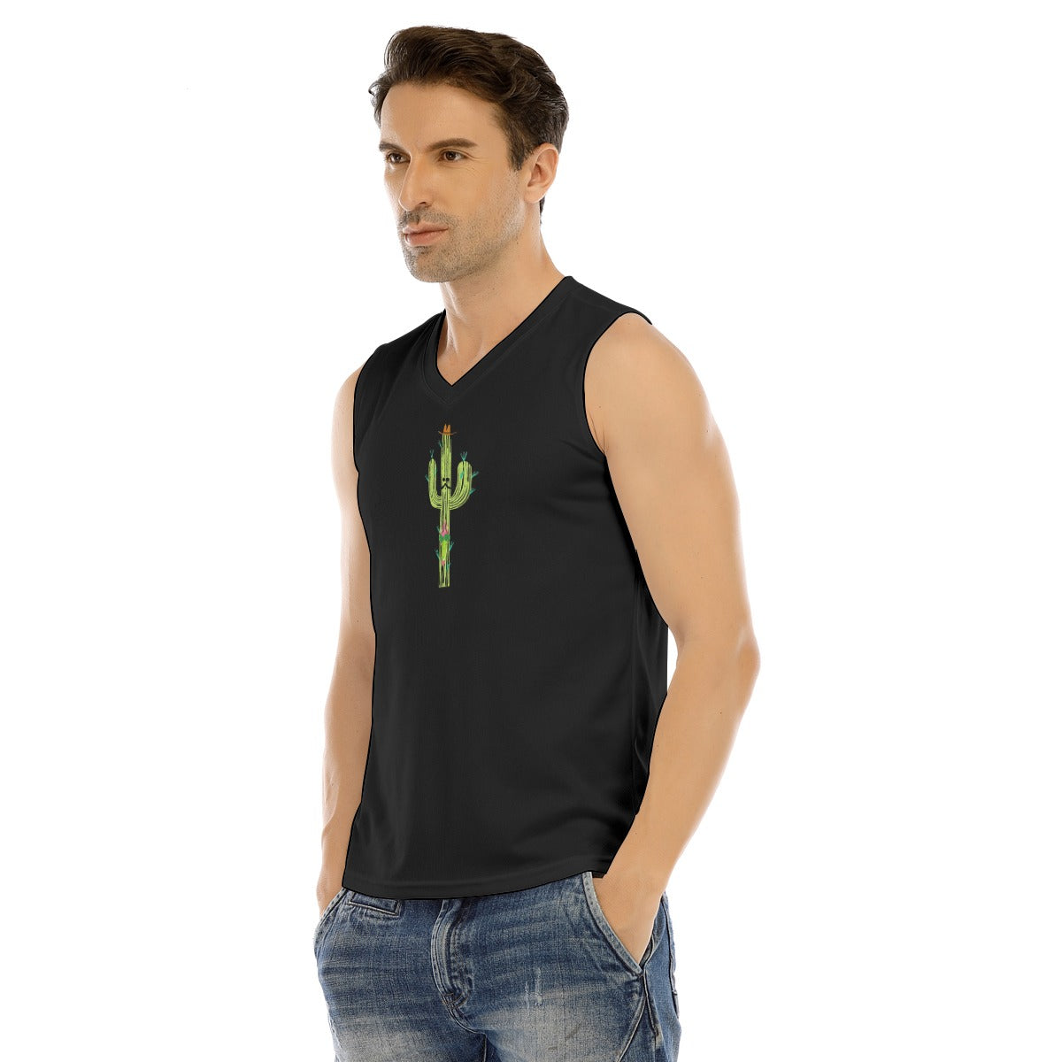 V-neck Tank Top, Cactus Middle-Black