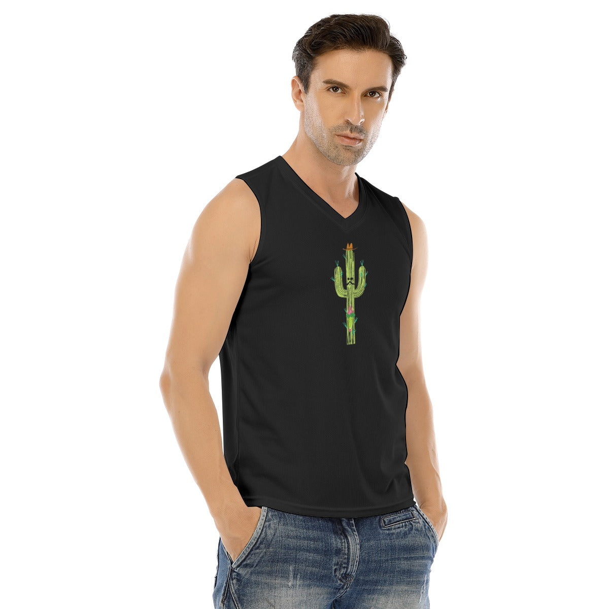 V-neck Tank Top, Cactus Middle-Black