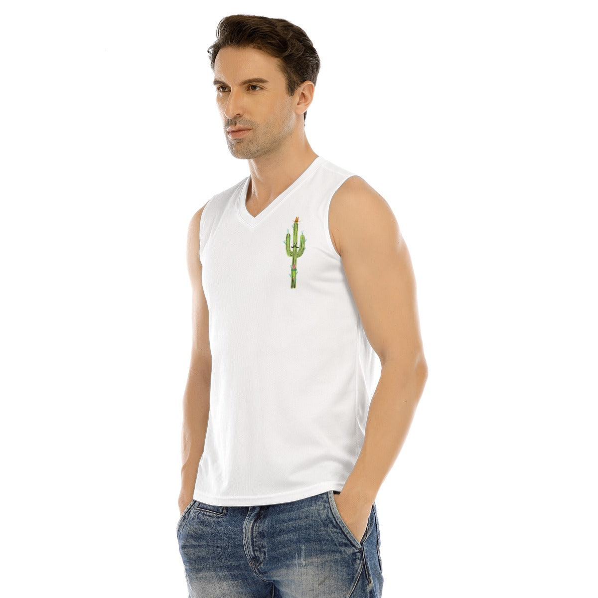 V-neck Tank Top, Cactus Side-White