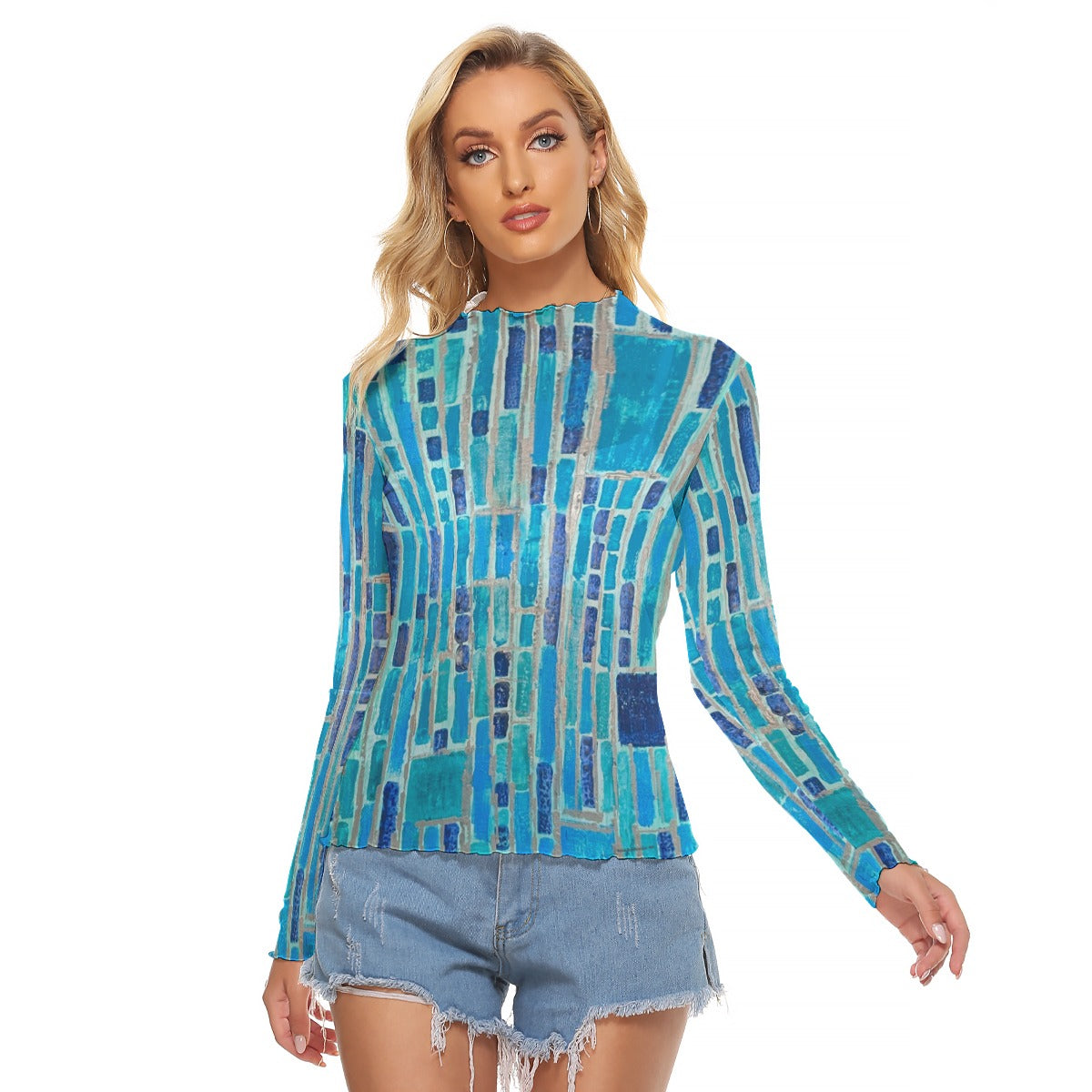 Mesh Long Sleeve Shirt, Blue Mosaic