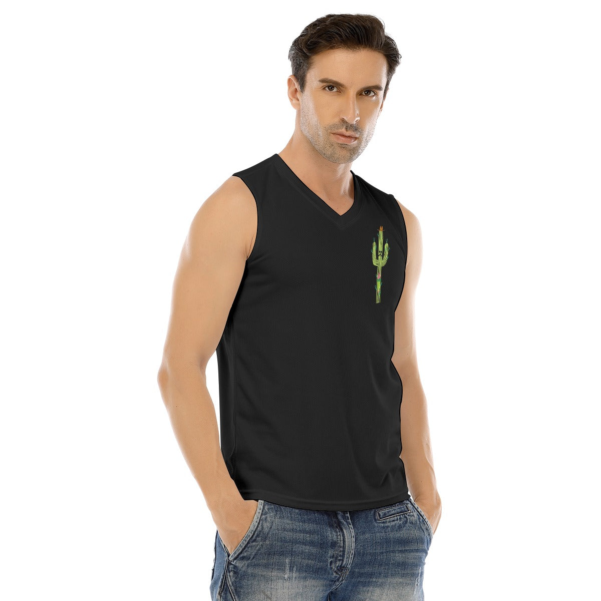 V-neck Tank Top, Cactus Side-Black