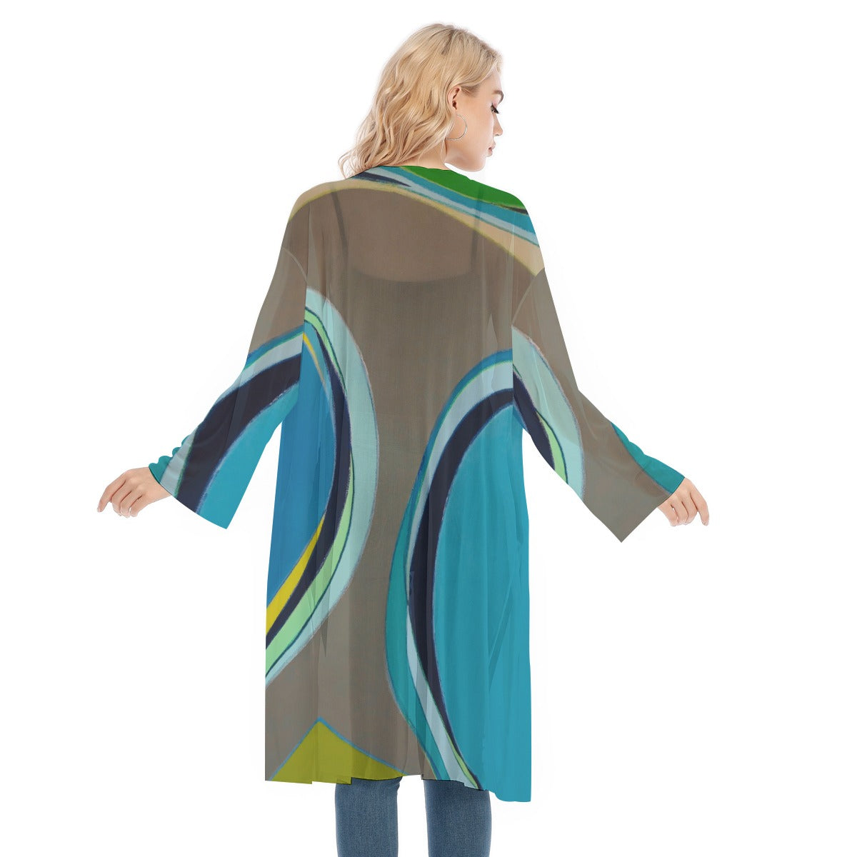 Long Sleeve Mesh Cardigan, Geo Blue