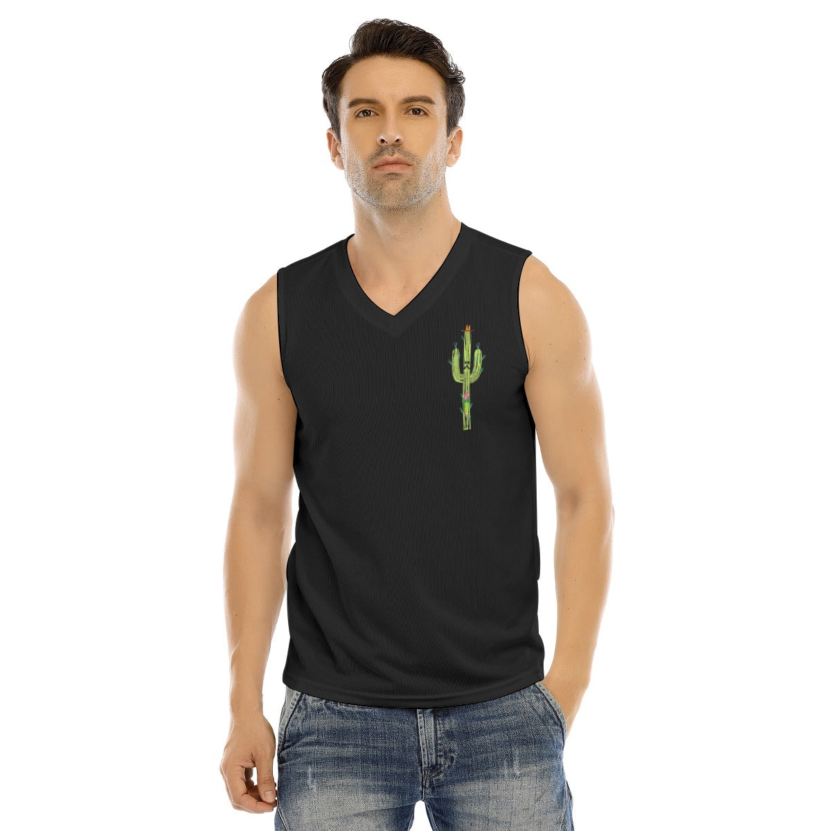 V-neck Tank Top, Cactus Side-Black