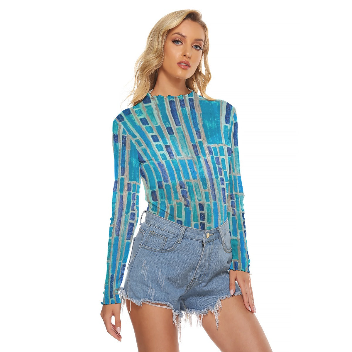 Mesh Long Sleeve Shirt, Blue Mosaic