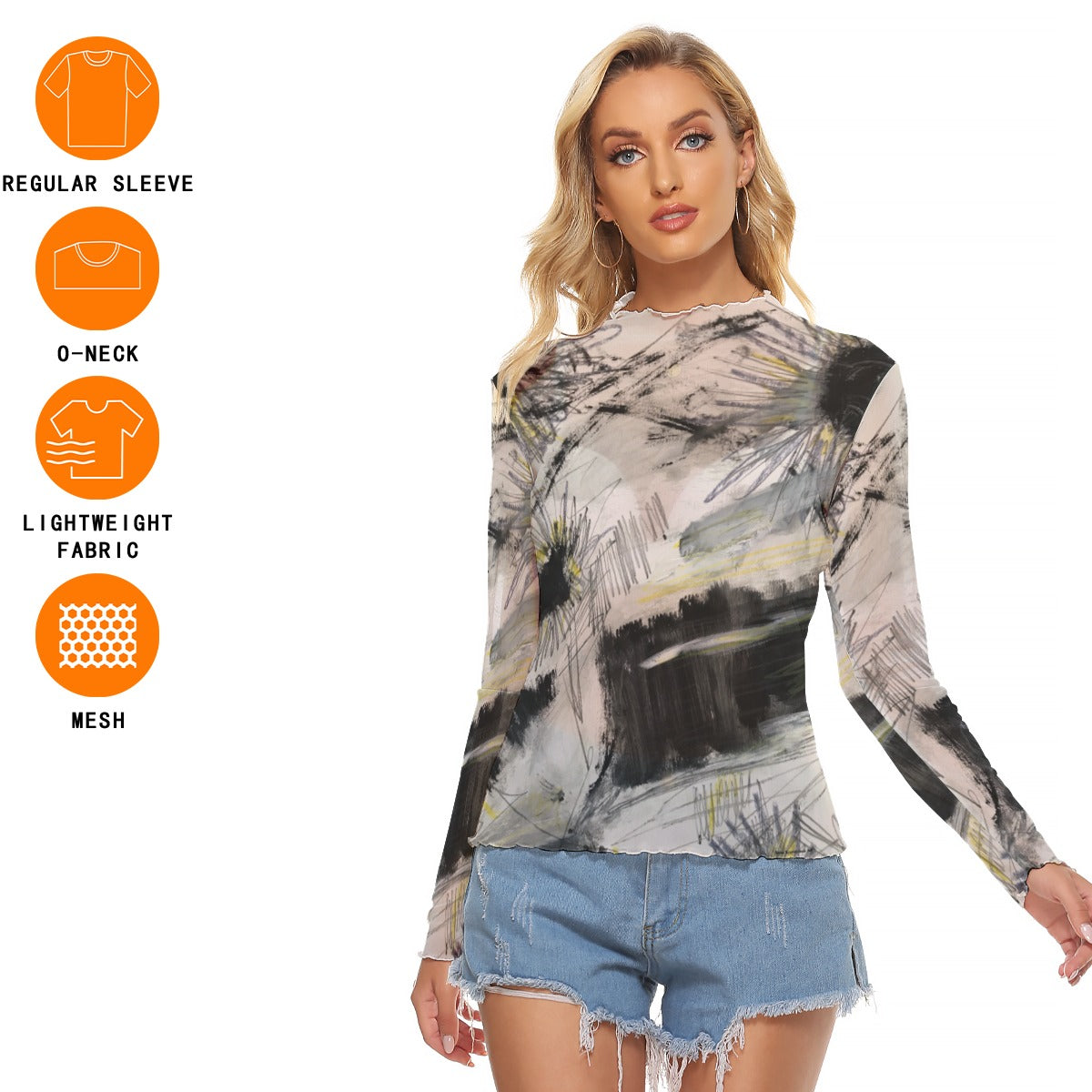 Mesh Long Sleeve Shirt, Zig Zag