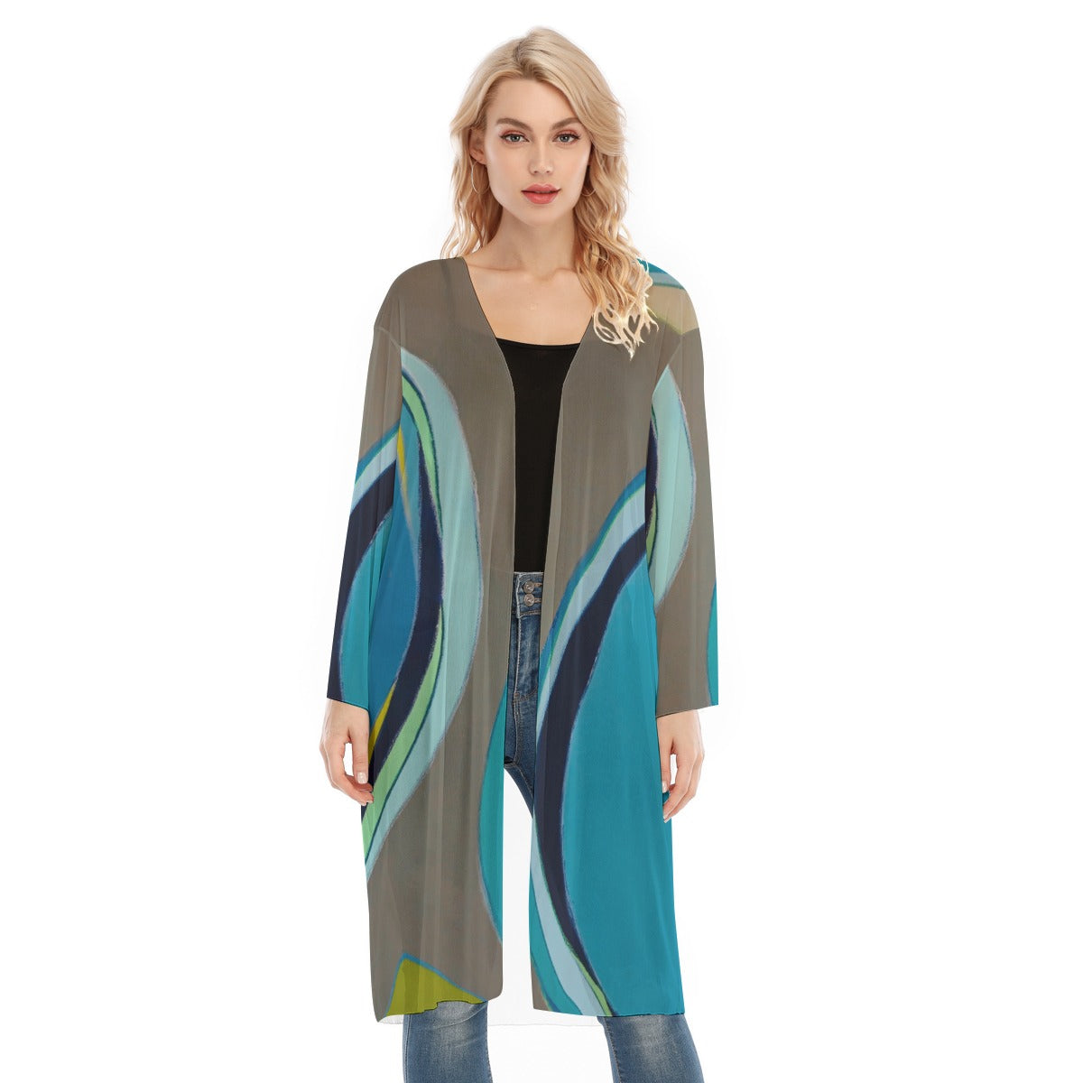 Long Sleeve Mesh Cardigan, Geo Blue