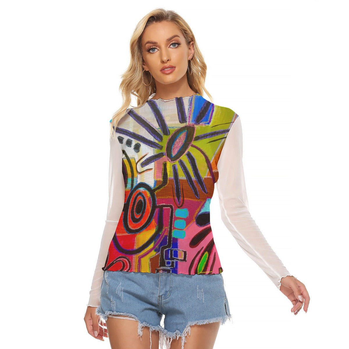 Mesh Long Sleeve Shirt, Pop Flowera