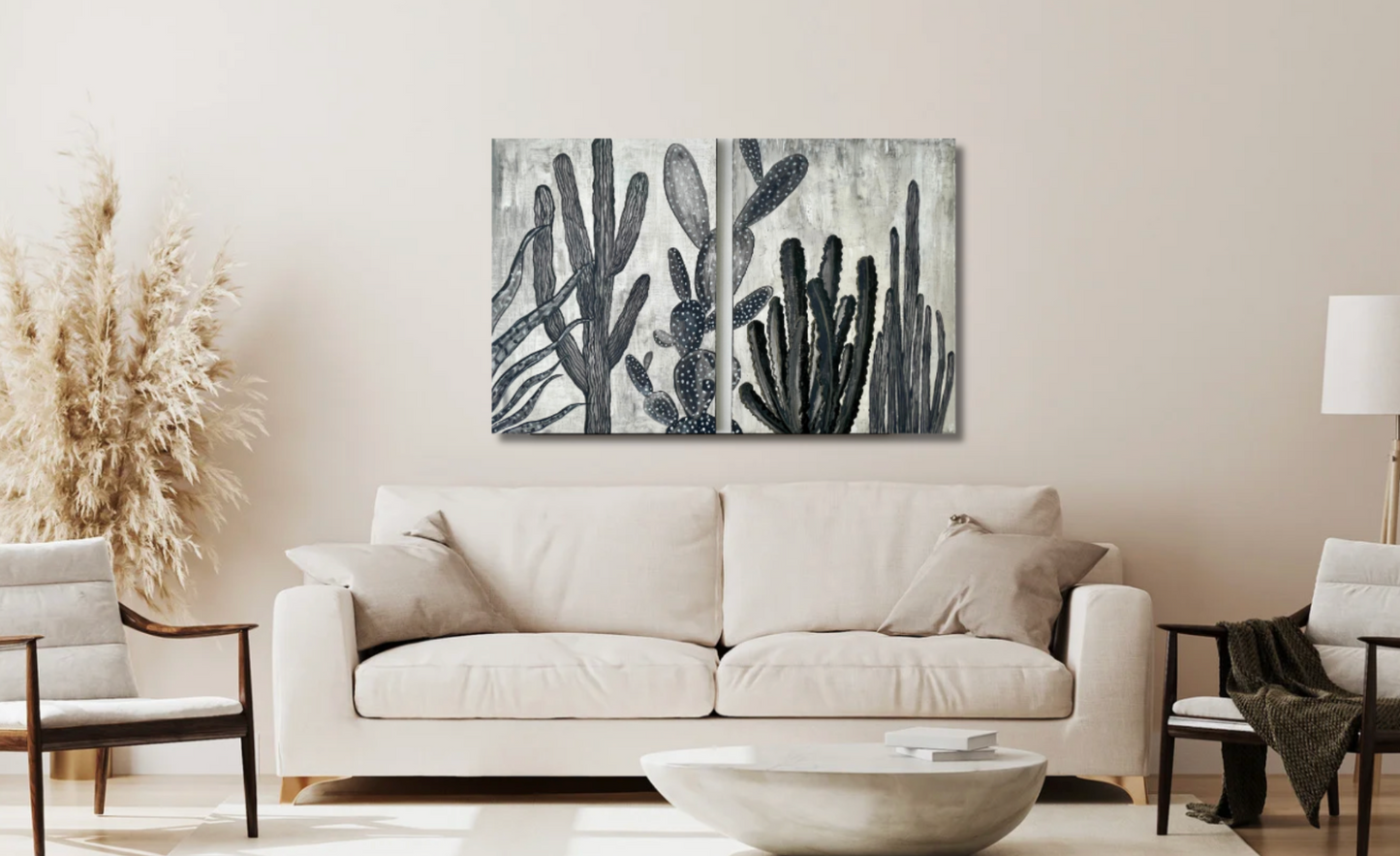 Grey Study Cactus Painting, Diptique