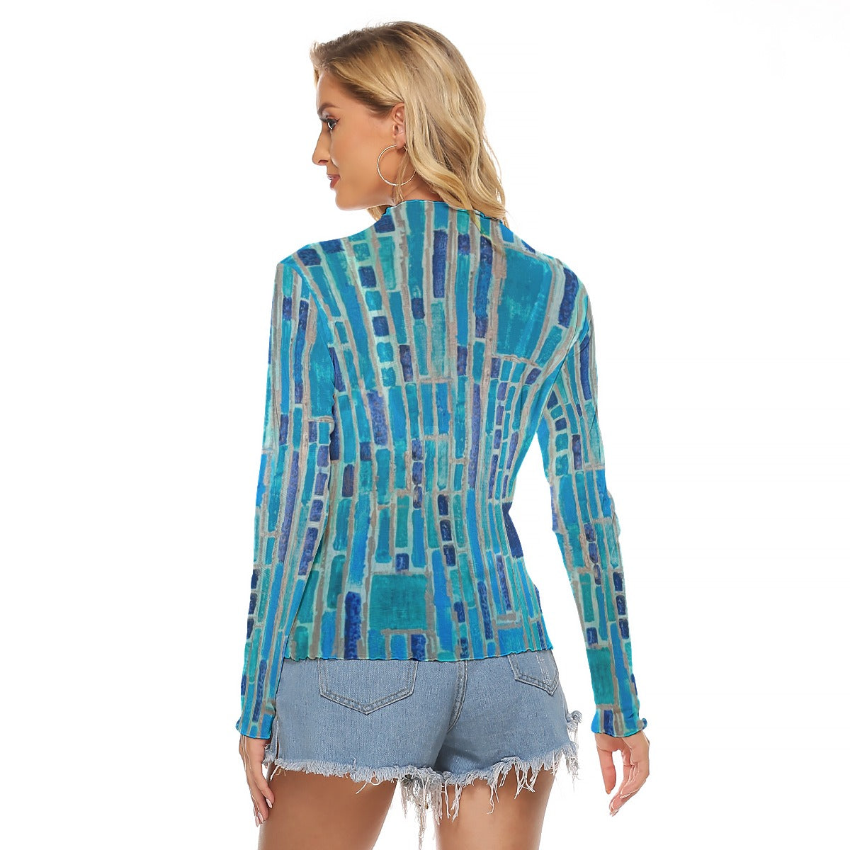 Mesh Long Sleeve Shirt, Blue Mosaic