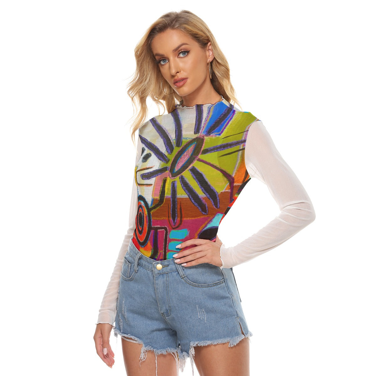 Mesh Long Sleeve Shirt, Pop Flowera