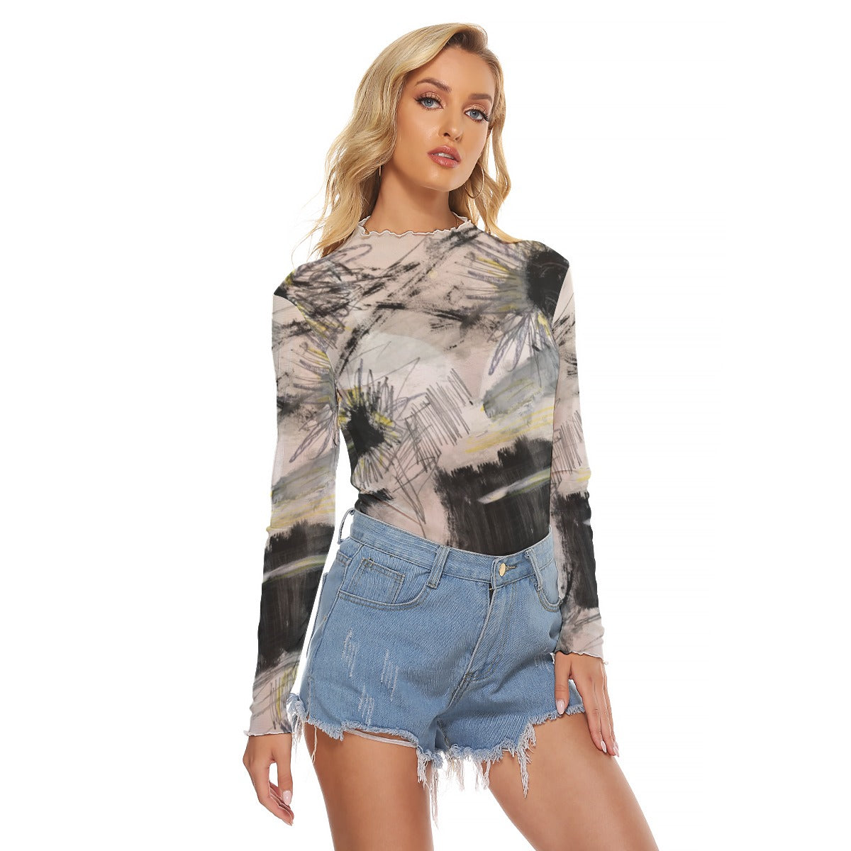 Mesh Long Sleeve Shirt, Zig Zag