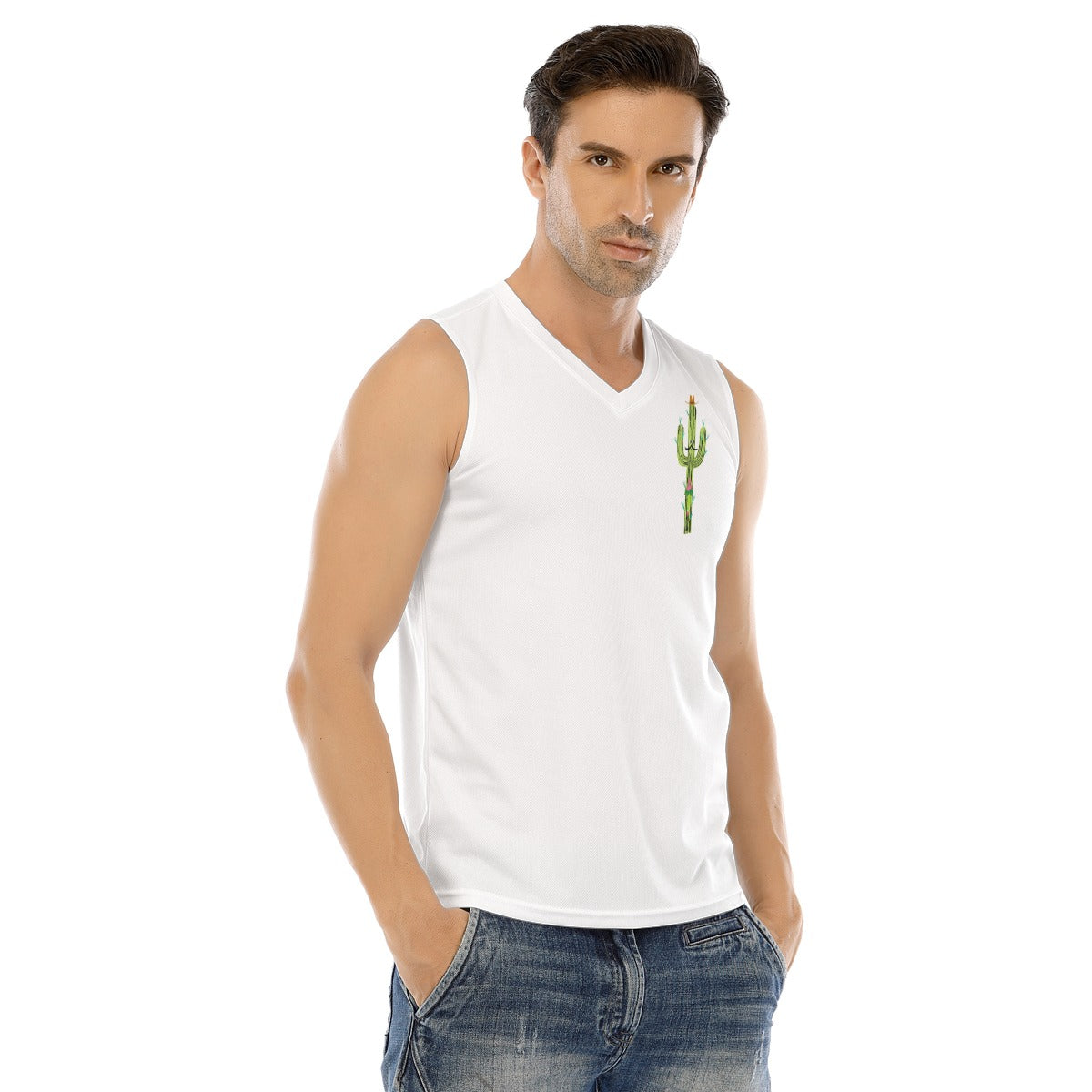 V-neck Tank Top, Cactus Side-White