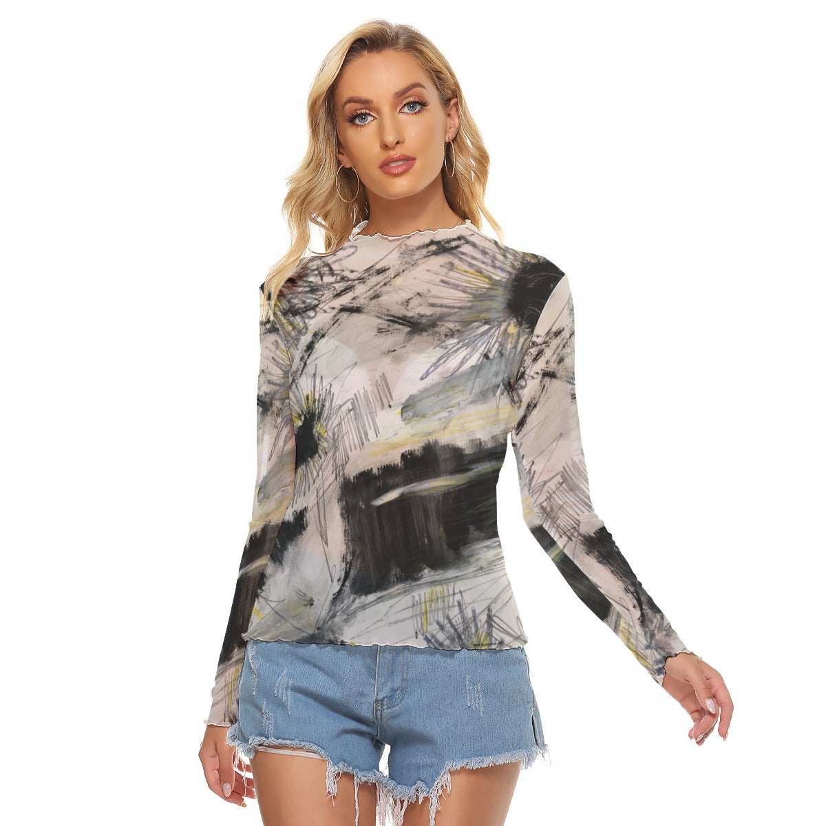 Mesh Long Sleeve Shirt, Zig Zag