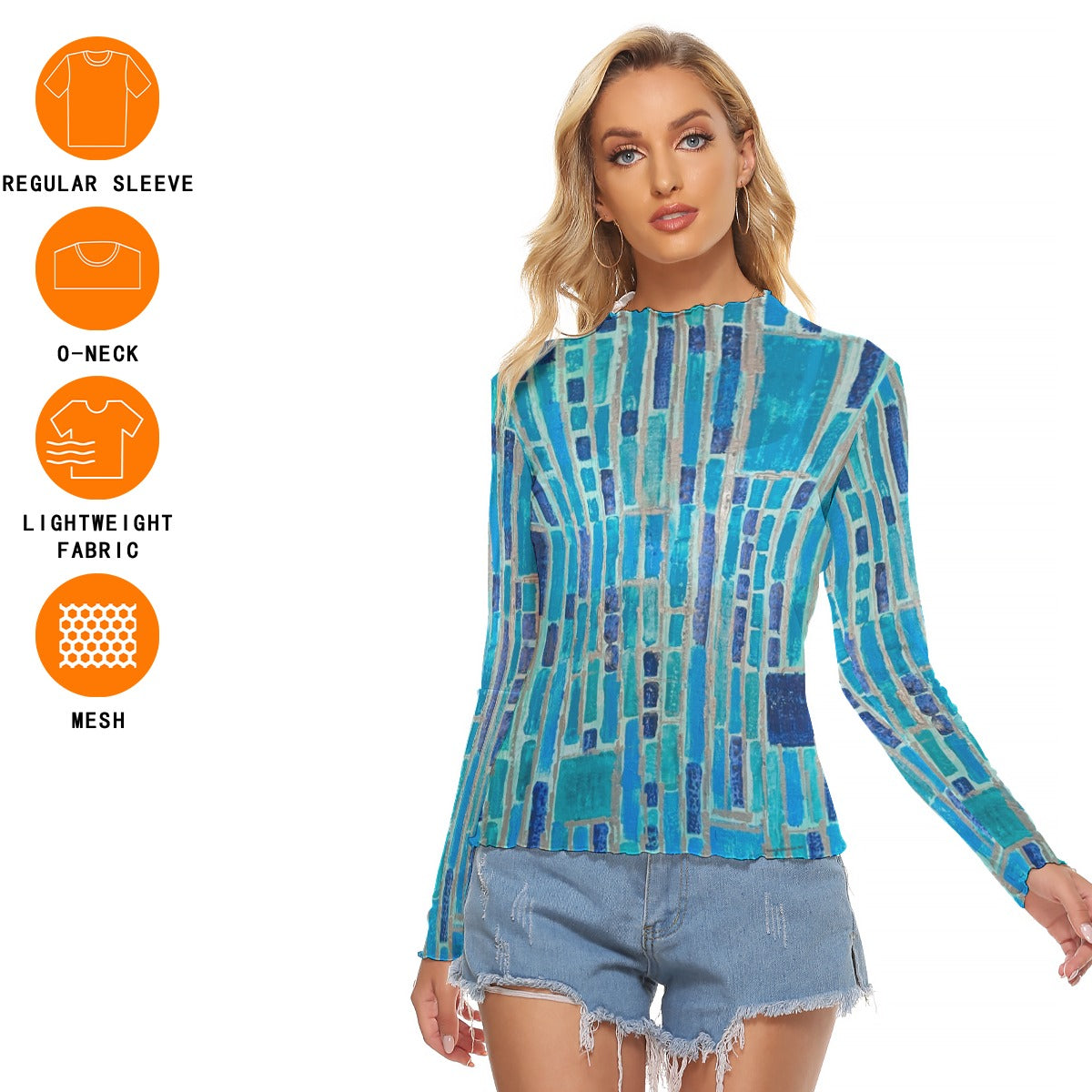 Mesh Long Sleeve Shirt, Blue Mosaic
