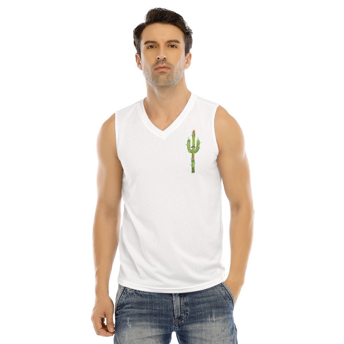 V-neck Tank Top, Cactus Side-White