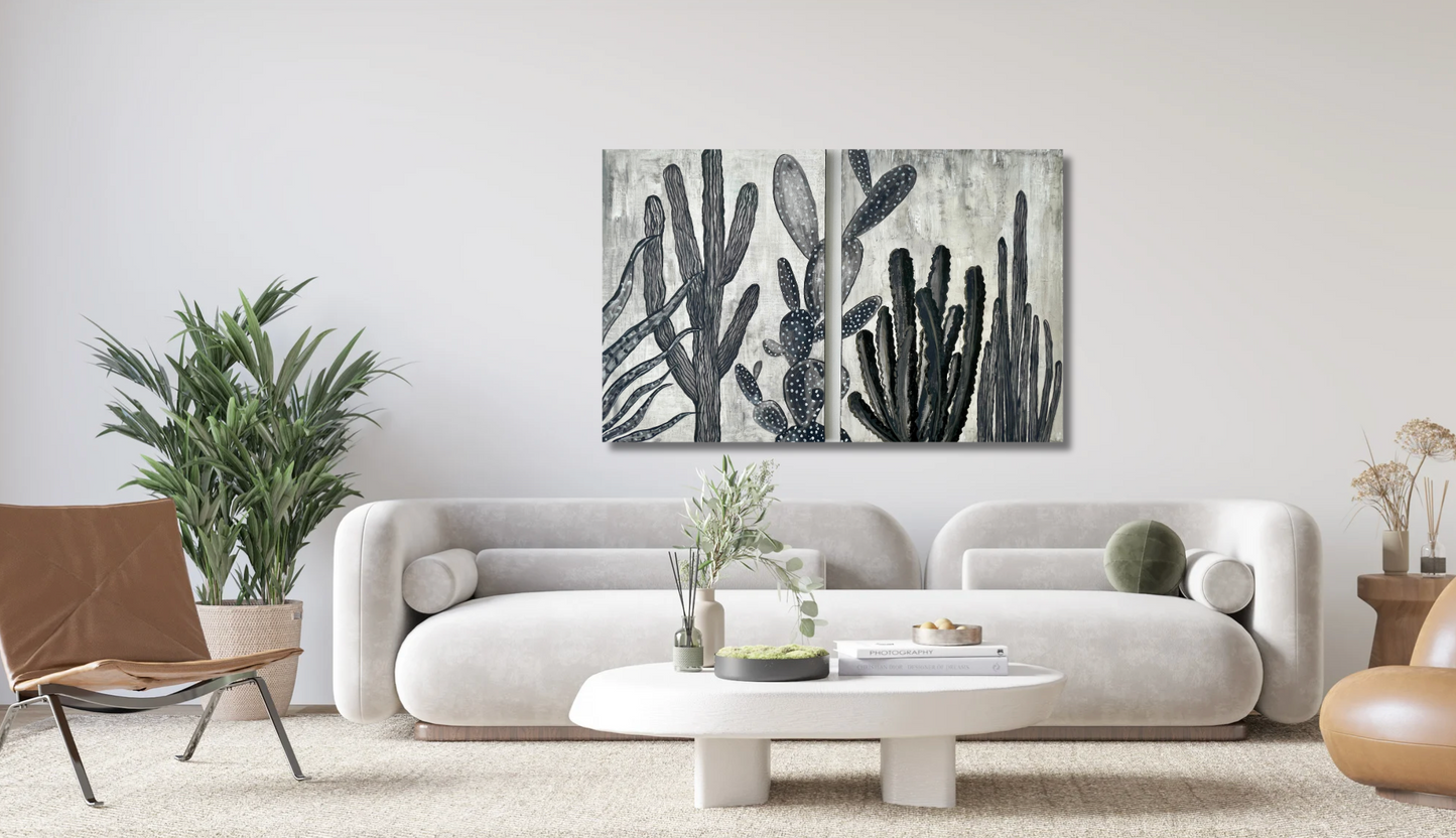 Grey Study Cactus Painting, Diptique