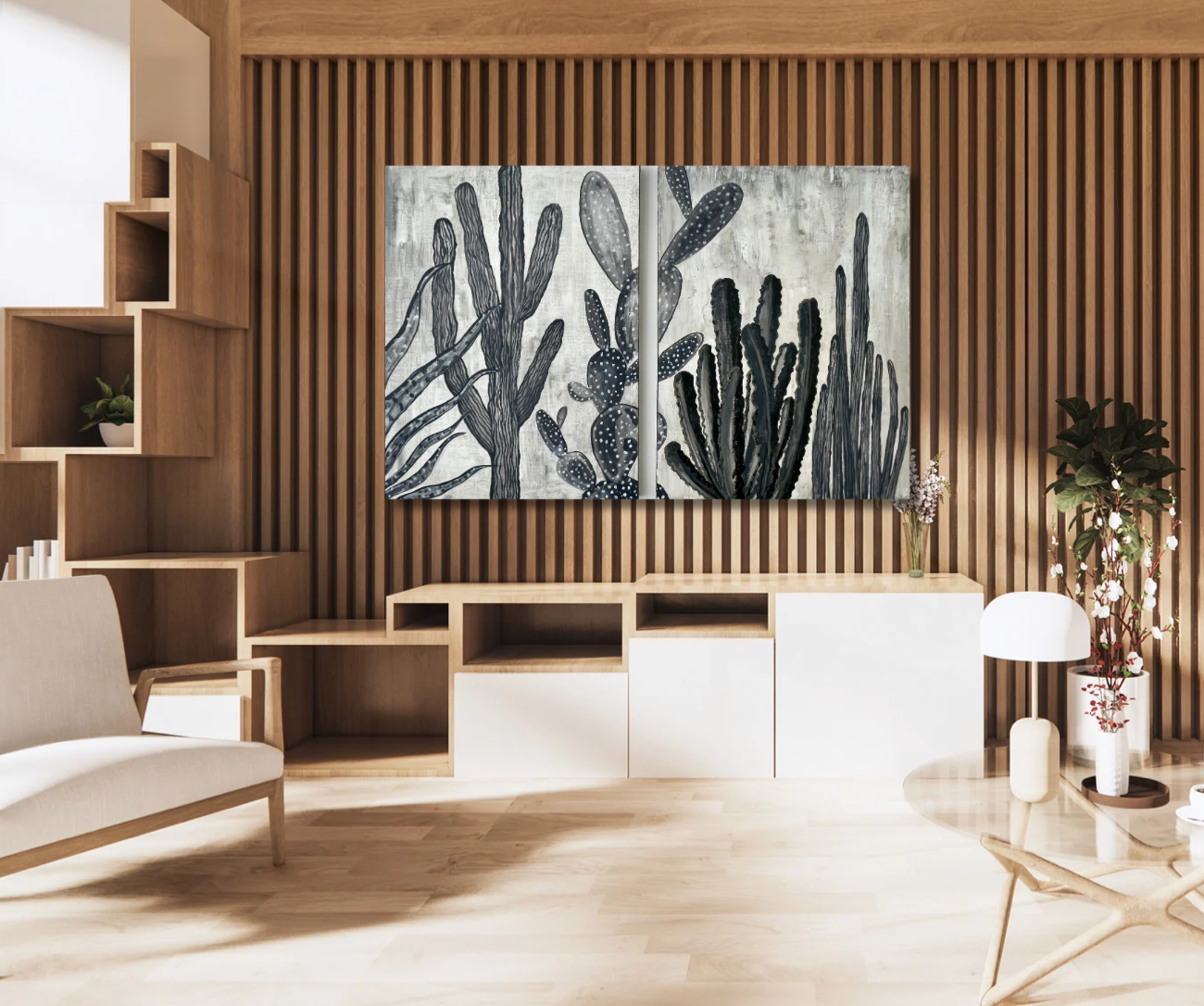 Grey Study Cactus Painting, Diptique